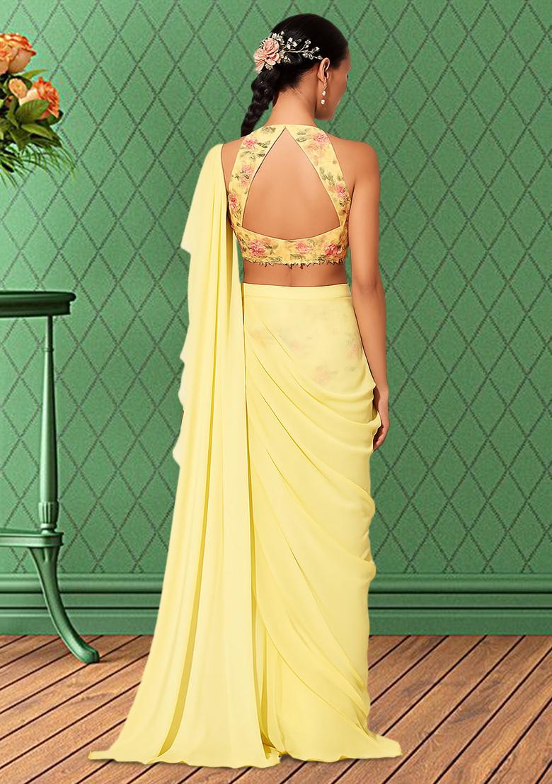 Yellow Floral Print Chiffon Pre Draped Saree Set - Indya