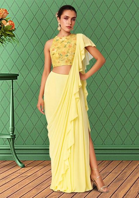 Yellow Floral Print Chiffon Pre Draped Saree Set