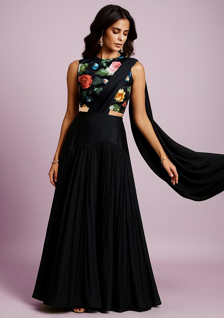 Black Floral Print Silk Lehenga Set