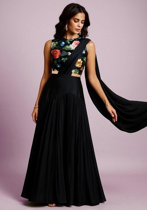 Black Floral Print Silk Lehenga Set