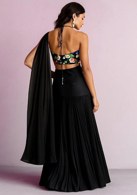 Black Floral Print Silk Lehenga Set