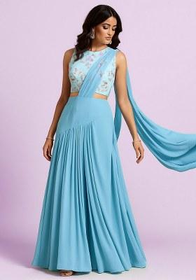 Blue Floral Print Satin Lehenga Set