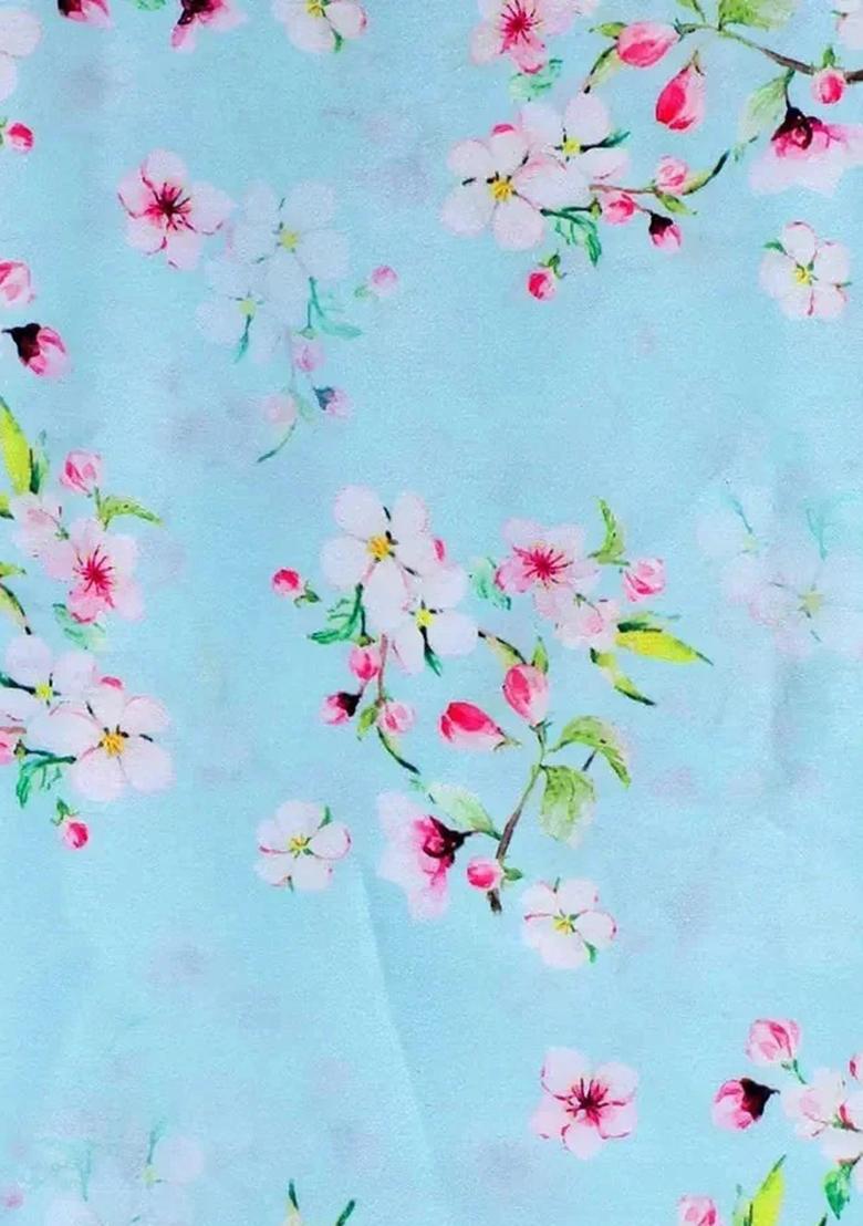 Blue Floral Print Satin Lehenga Set - Indya