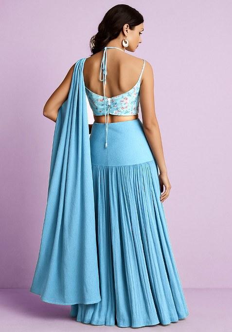 Blue Floral Print Satin Lehenga Set