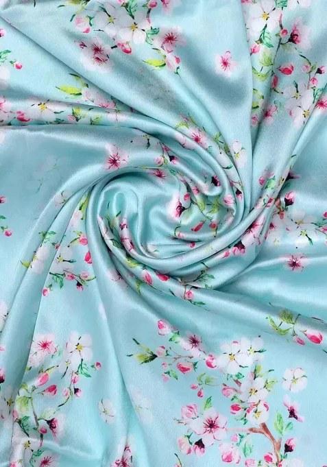 Blue Floral Print Satin Lehenga Set