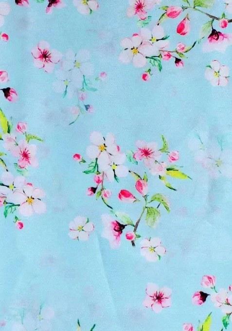 Blue Floral Print Satin Lehenga Set