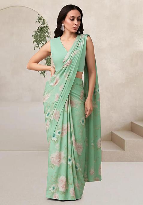 Green Floral Print Georgette Pre Draped Saree Set