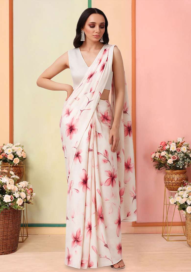 Pink Floral Print Georgette Pre Draped Saree Set for Diwali and Festive Wear - Indya