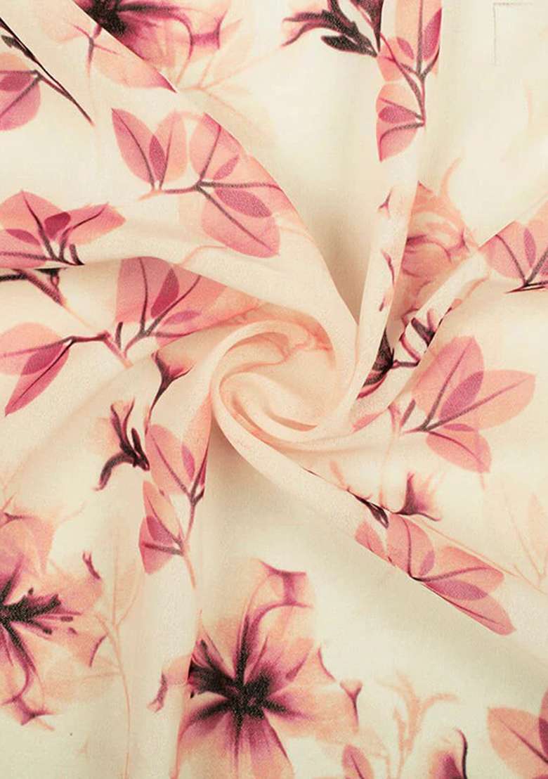 Pink Floral Print Georgette Pre Draped Saree Set for Diwali and Festive Wear - Indya