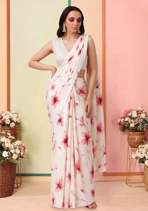 Pink Floral Print Georgette Pre Draped Saree Set