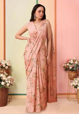 Peach Floral Print Georgette Pre Draped Saree Set