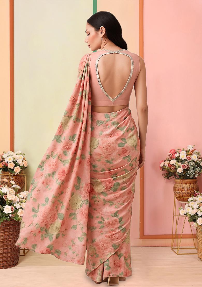Peach Floral Print Georgette Pre Draped Saree Set - Indya