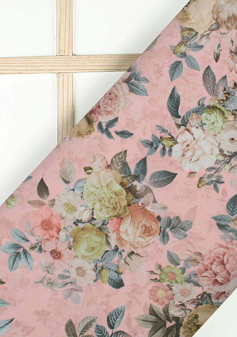 Peach Floral Print Georgette Pre Draped Saree Set - Indya