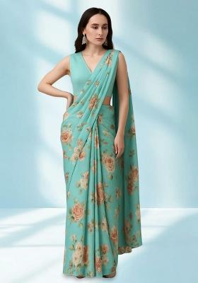 Blue Floral Print Georgette Pre Draped Saree Set
