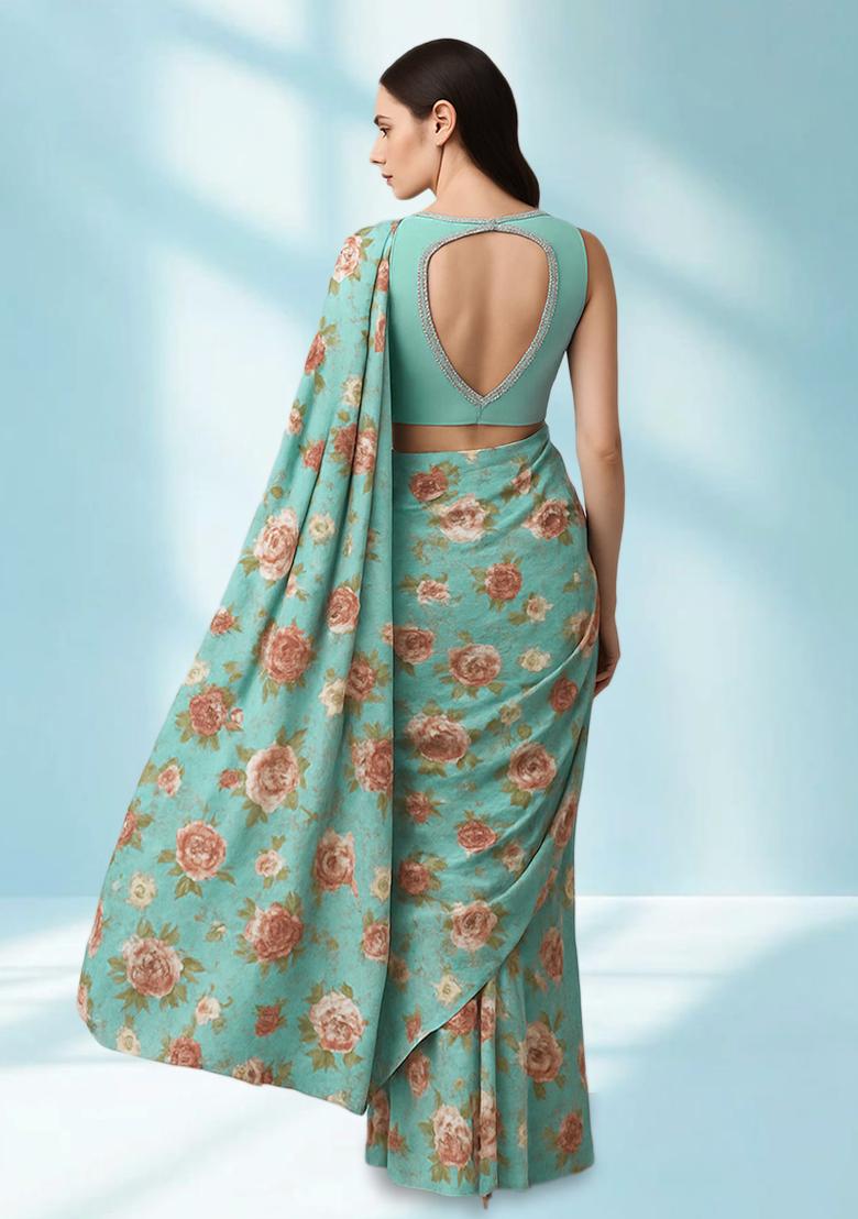 Blue Floral Print Georgette Pre Draped Saree Set - Indya