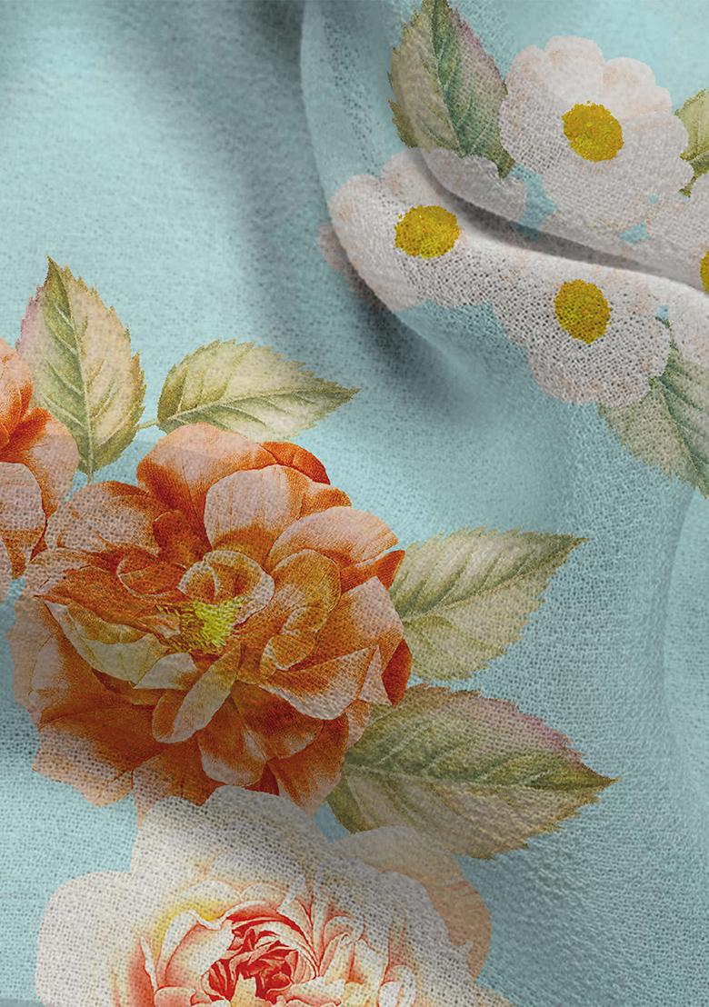 Blue Floral Print Georgette Pre Draped Saree Set - Indya