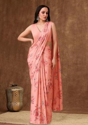Peach Floral Print Georgette Pre Draped Saree Set