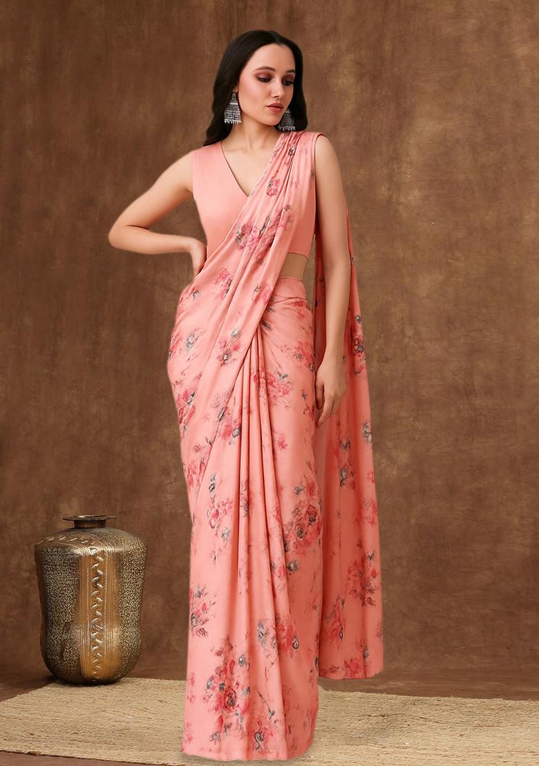 Peach Floral Print Georgette Pre Draped Saree Set - Indya