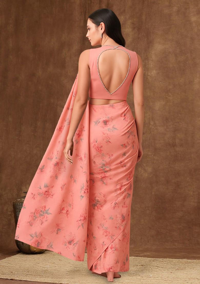 Peach Floral Print Georgette Pre Draped Saree Set - Indya