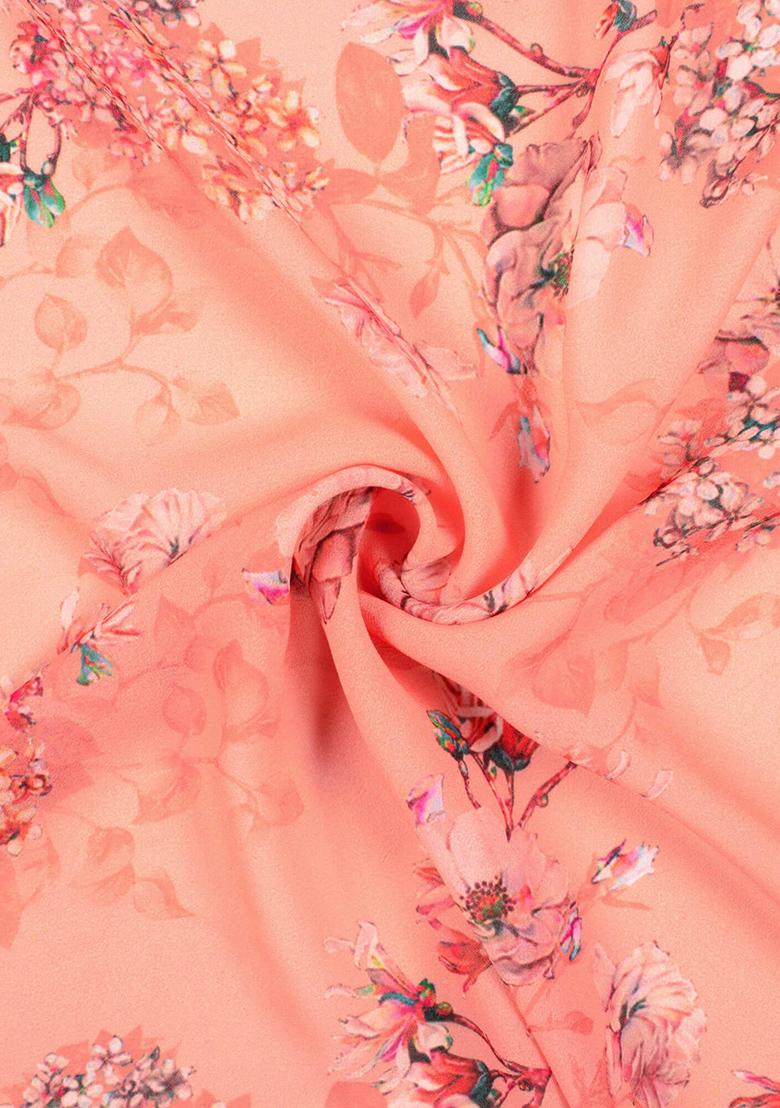 Peach Floral Print Georgette Pre Draped Saree Set - Indya