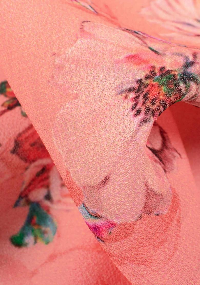 Peach Floral Print Georgette Pre Draped Saree Set - Indya