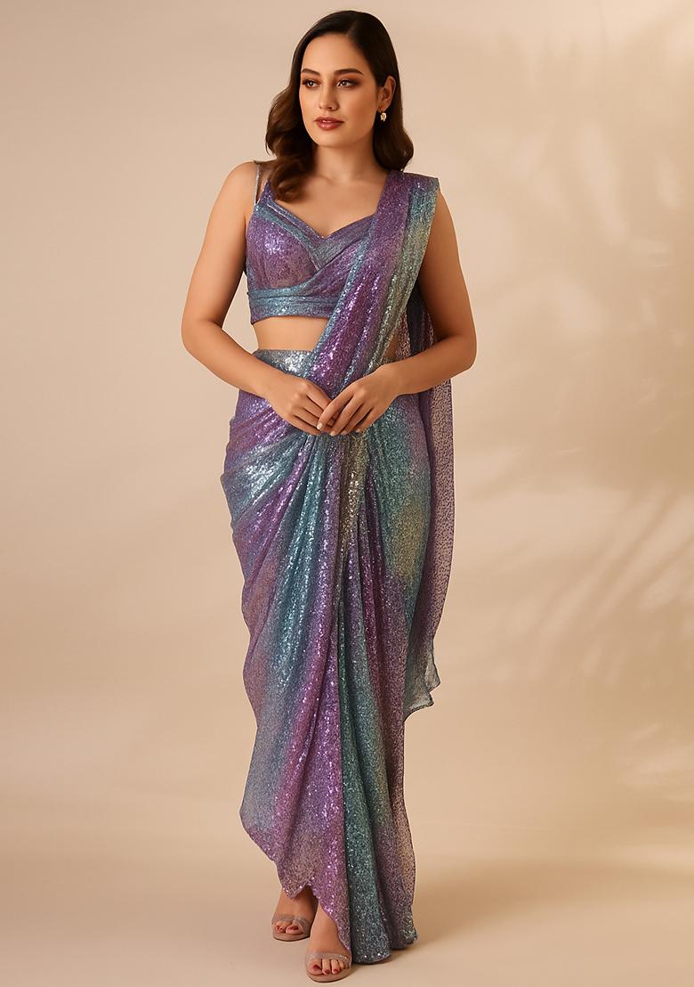 Multicolor Net Sequin Pre Draped Saree Set