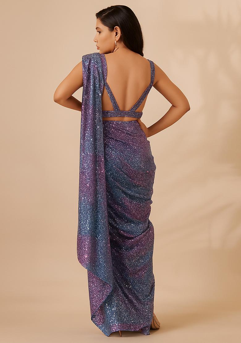 Multicolor Net Sequin Pre Draped Saree Set