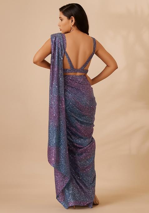 Multicolor Net Sequin Pre Draped Saree Set