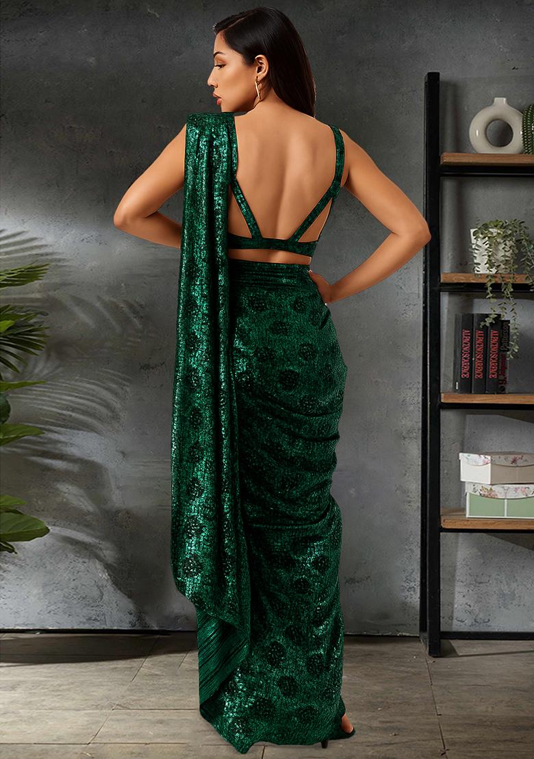 Green Net Sequin Pre Draped Saree Set - Indya