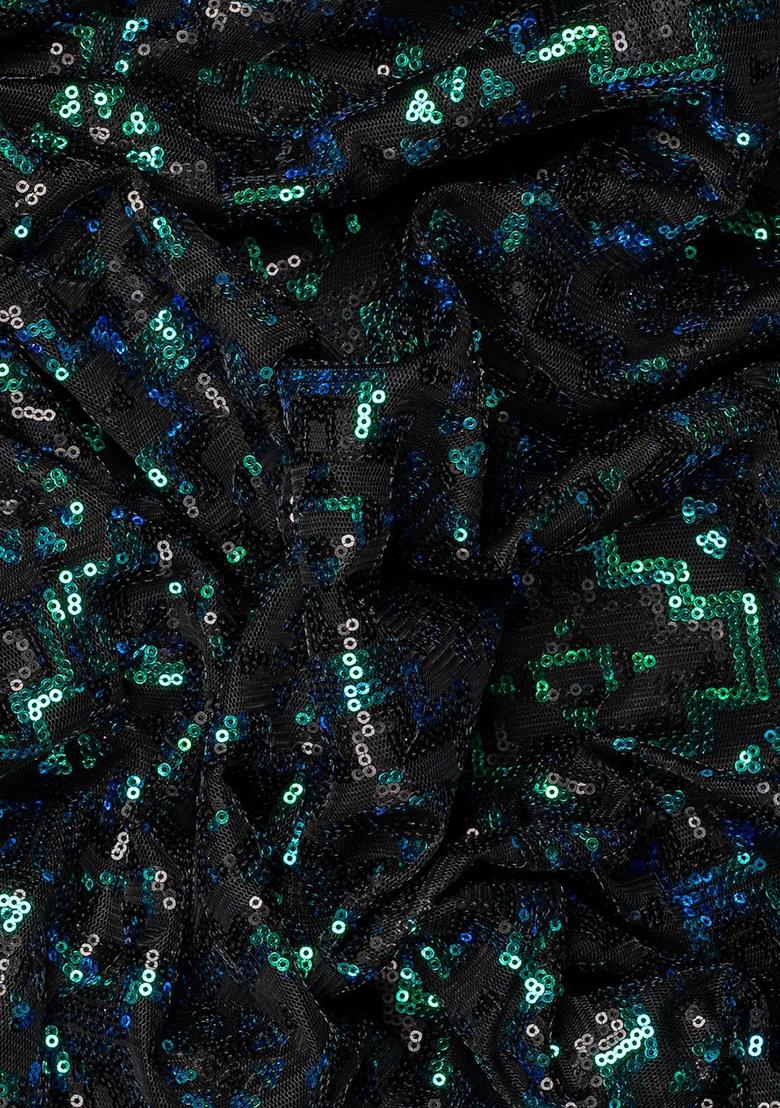 Green Net Sequin Pre Draped Saree Set - Indya