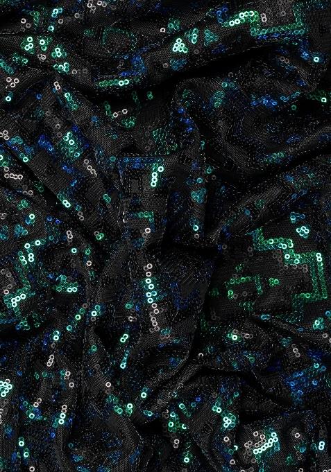 Green Net Sequin Pre Draped Saree Set