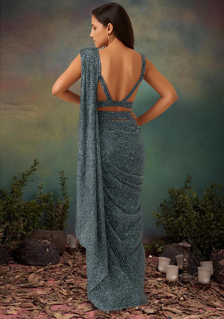 Grey Net Sequin Pre Draped Saree Set
