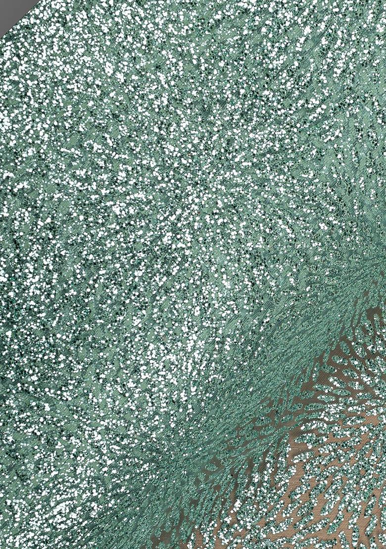 Grey Net Sequin Pre Draped Saree Set