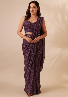 Purple Net Embellished Pre Draped Saree Set