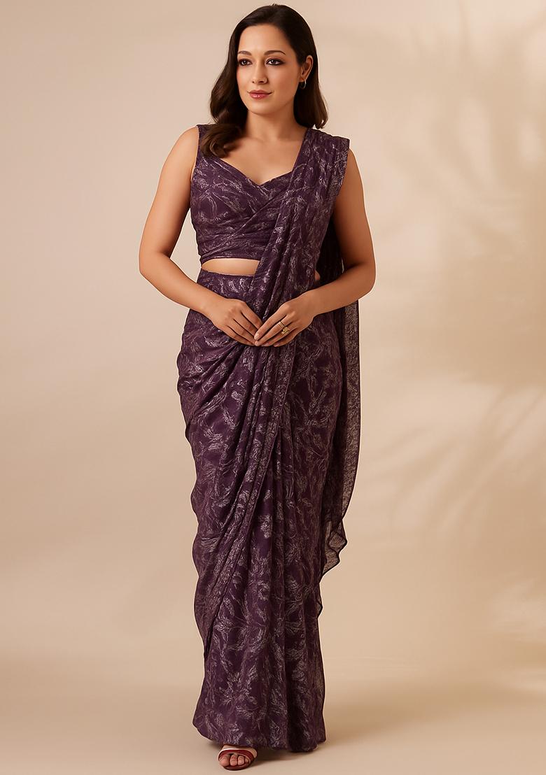 Purple Net Embellished Pre Draped Saree Set