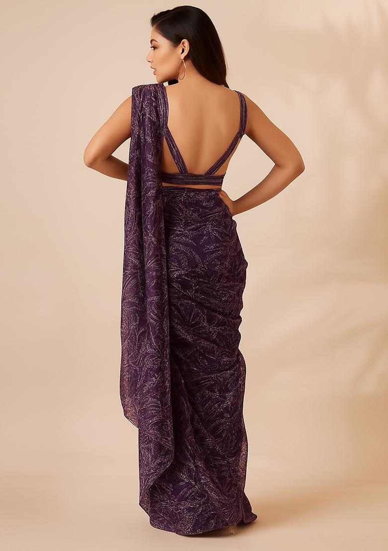 Purple Net Embellished Pre Draped Saree Set - Indya