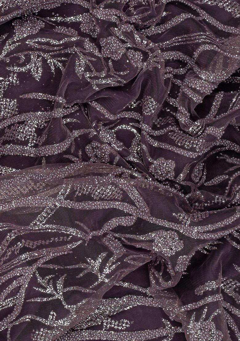 Purple Net Embellished Pre Draped Saree Set - Indya