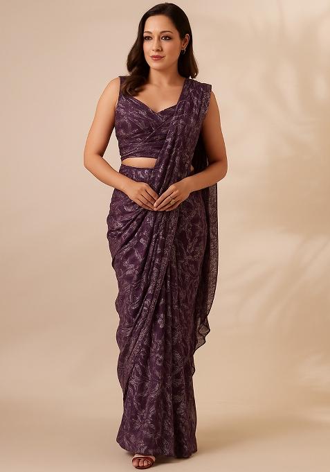 Purple Net Embellished Pre Draped Saree Set