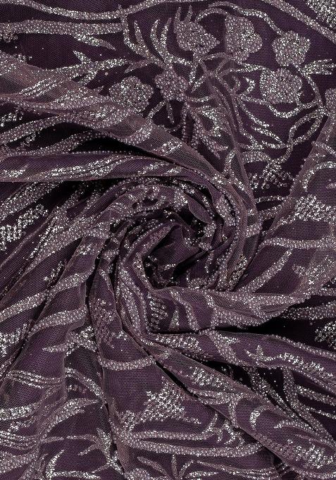 Purple Net Embellished Pre Draped Saree Set