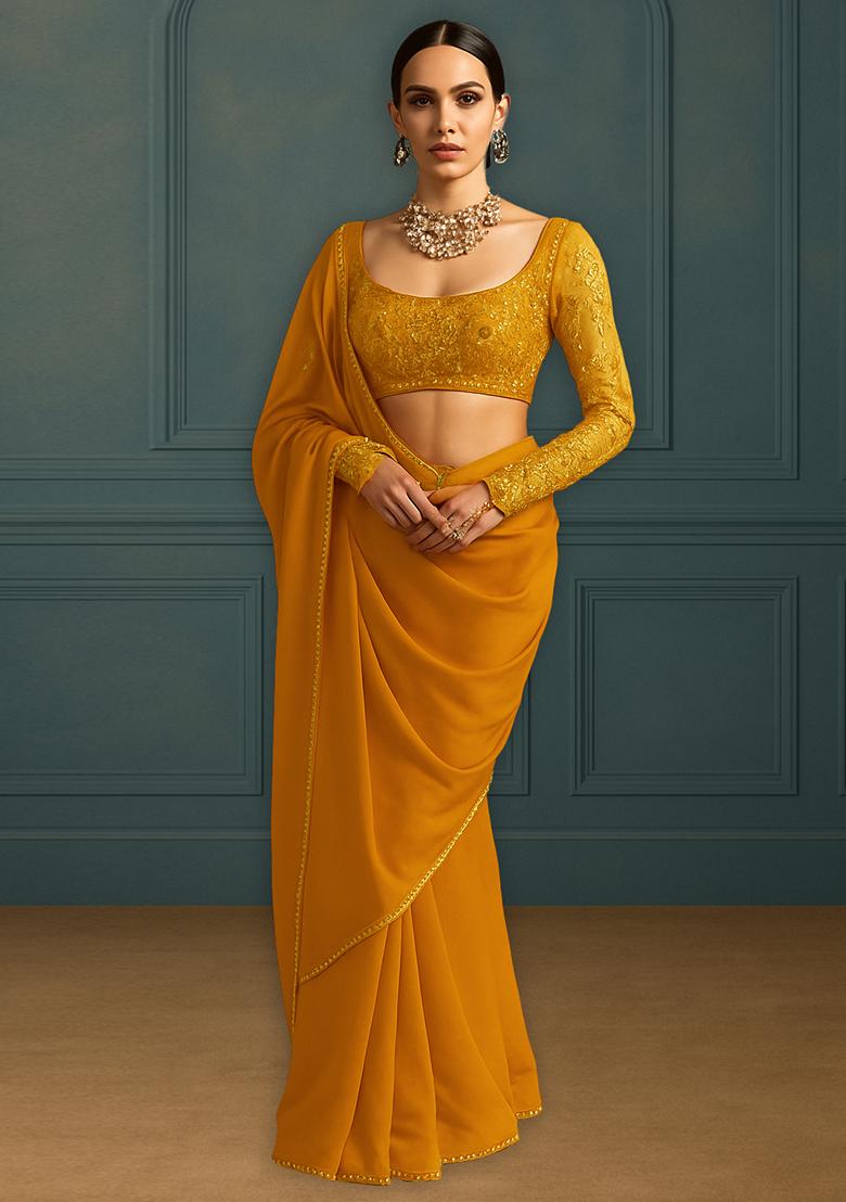 Mustard Yellow Net Embellished Blouse Pre Draped Saree Set