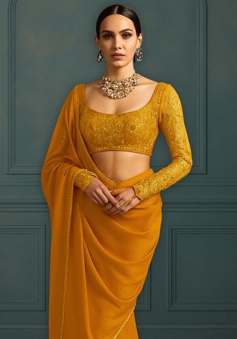 Mustard Yellow Net Embellished Blouse Pre Draped Saree Set