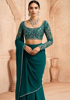 Teal Green Net Embellished Blouse Pre Draped Saree Set