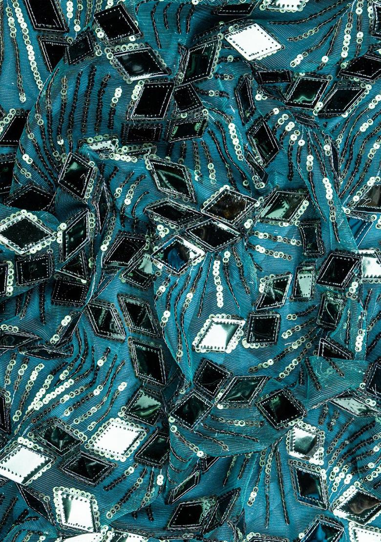 Teal Green Net Embellished Blouse Pre Draped Saree Set