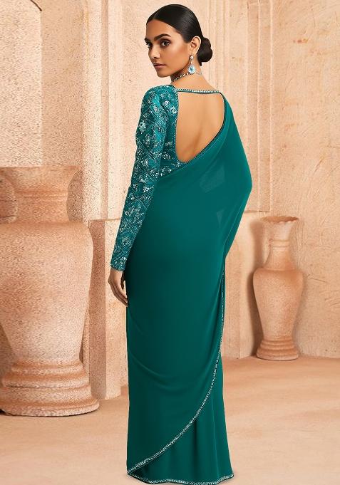 Teal Green Net Embellished Blouse Pre Draped Saree Set