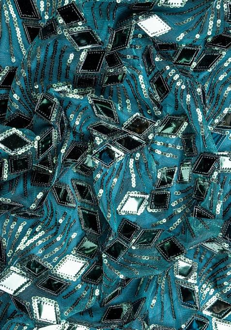 Teal Green Net Embellished Blouse Pre Draped Saree Set