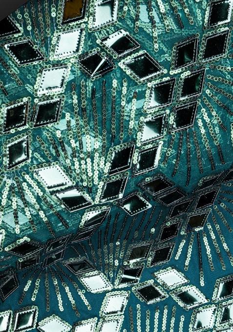 Teal Green Net Embellished Blouse Pre Draped Saree Set