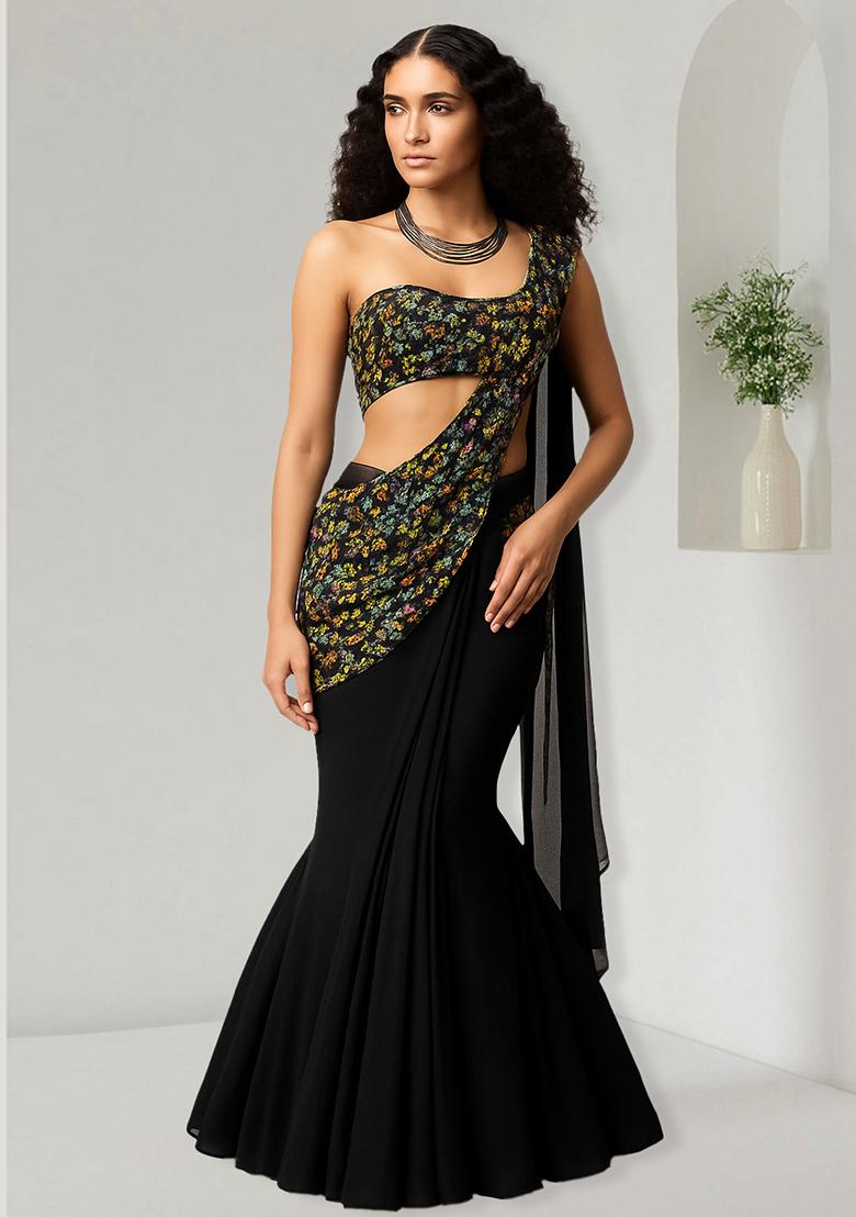 Black Net Sequin Embellished Pre Draped Saree Set