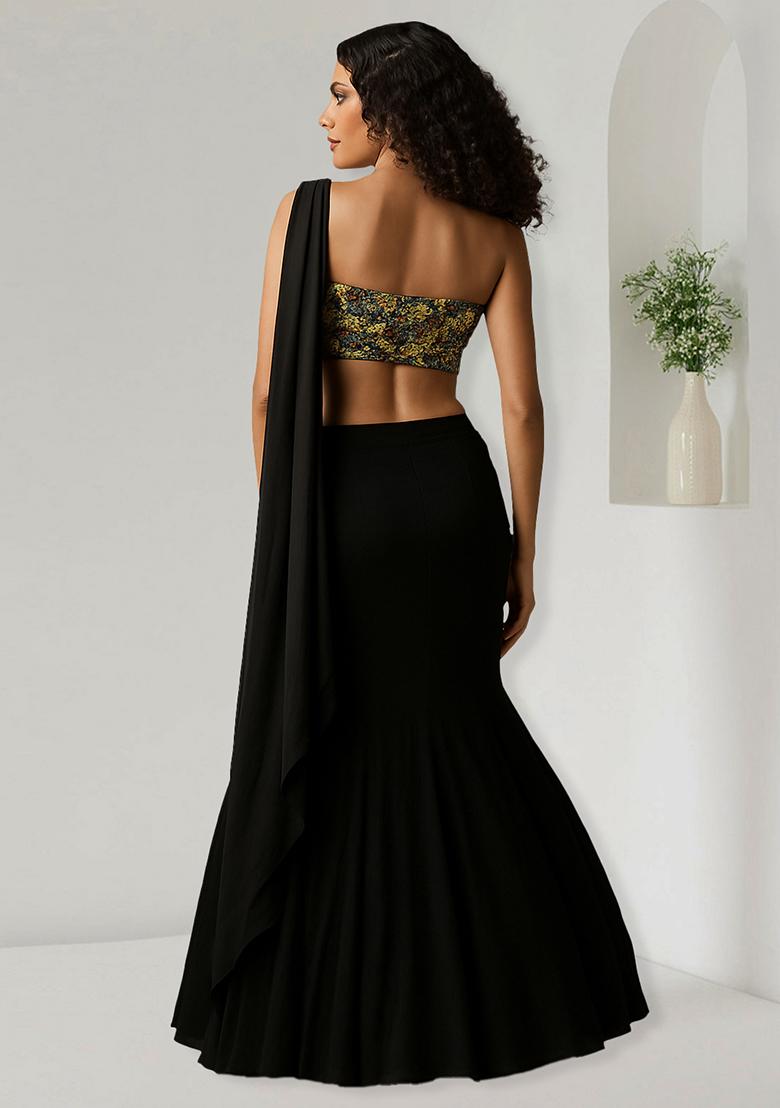 Black Net Sequin Embellished Pre Draped Saree Set - Indya