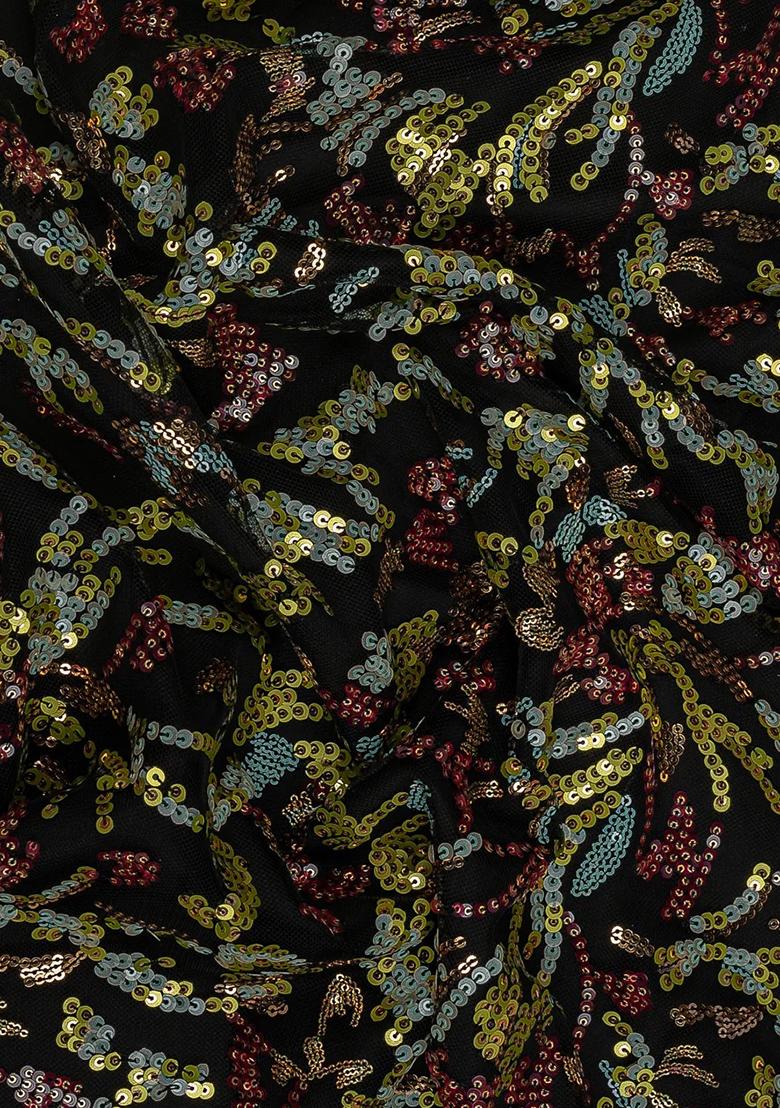 Black Net Sequin Embellished Pre Draped Saree Set