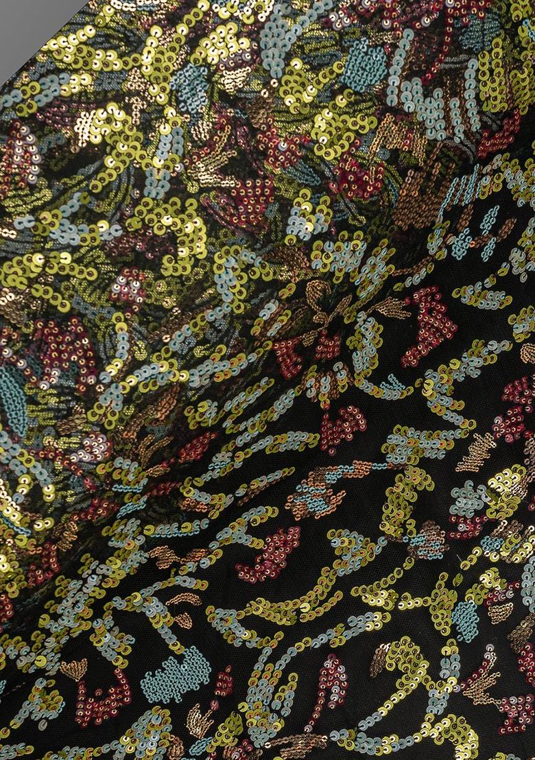 Black Net Sequin Embellished Pre Draped Saree Set - Indya